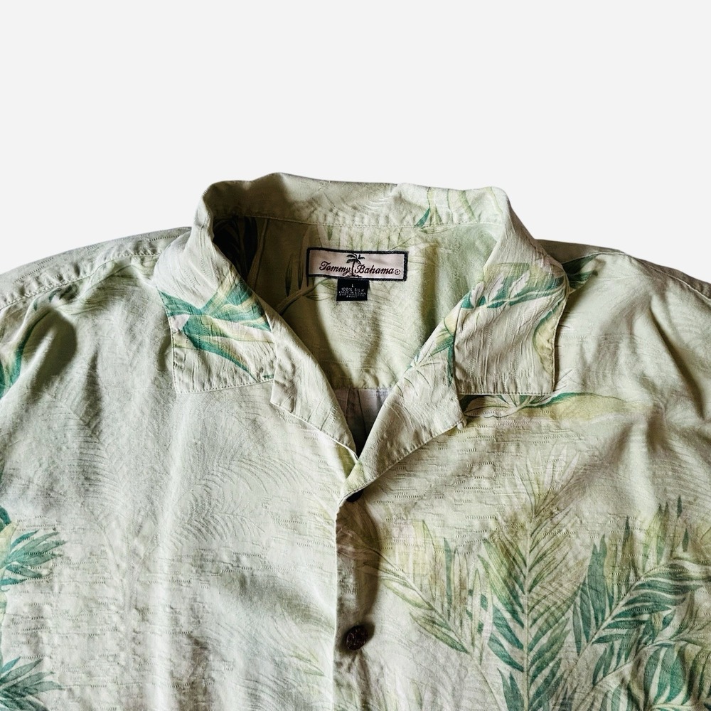 Tommy Bahama Mens L Silk Jacquard Camp Shirt Sage Green Palm Print Relax